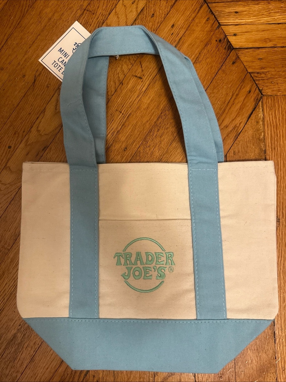 Trader Joe's Mini Cream Canvas Tote with Blue New With Tags